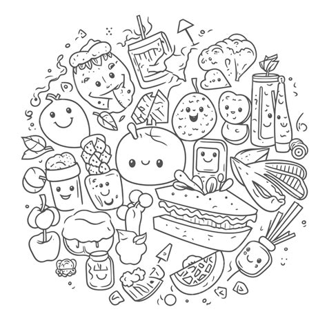 Coloring Page Of Doodles With A Lot Of Foods And Food Items Outline