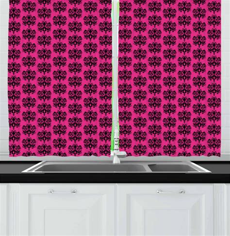 Hot Pink Curtains 2 Panels Set Eastern Themed Ethnic Oriental Black Damask Design On A Hot Pink