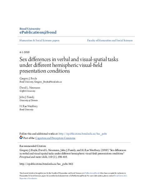 Pdf Sex Diferences In Verbal And Visual Spatial Tasks Under Diferent Hemispheric Visual Field