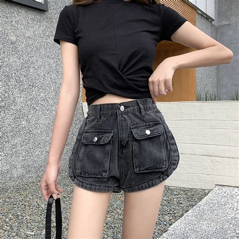 High Waist Thin Pocket Tooling Denim Shorts Womens Loose Fashion Trend Jean Skirt Short Pants