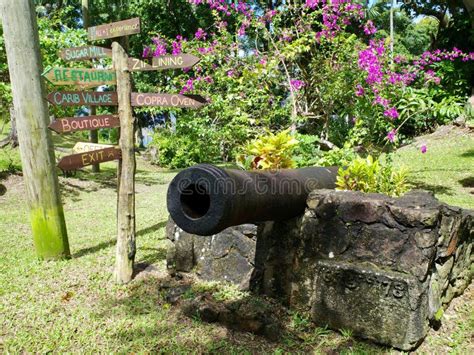 Old Historical Cannon And Direction Signs At Morne Coubaril Historical