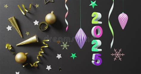 Animation Of 2025 Text And Christmas Decorations In Background Stock