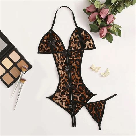 Body feminino estampa de leopardo pornô lingerie sexy tanga