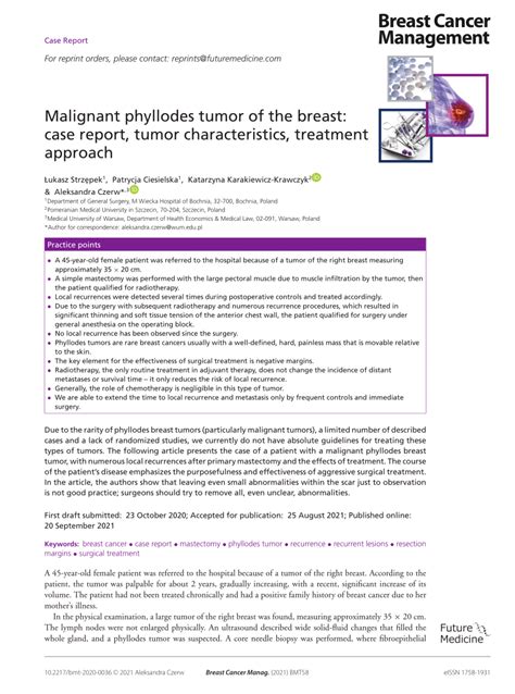 Pdf Malignant Phyllodes Tumor Of The Breast Case Report Tumor