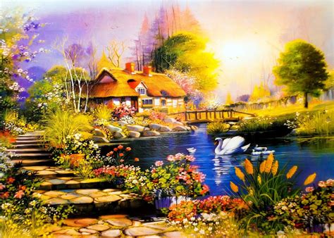 Pinturapaisaje Dibujo Casita Junto Al Lago Cisnes Patos Flores