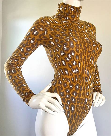 1990s Gianni Versace Leopard Print 90s Vintage Turtleneck Bodysuit