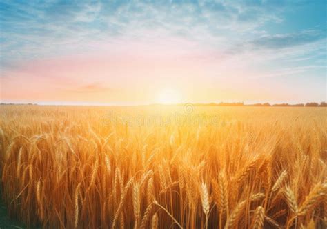 Golden Ears Of Ripe Wheat In A Field With Morning Sun Rising Over