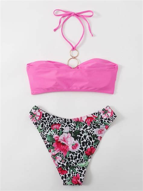 Floral Print Ring Linked Halter High Cut Bikini Swimsuit Shein Usa