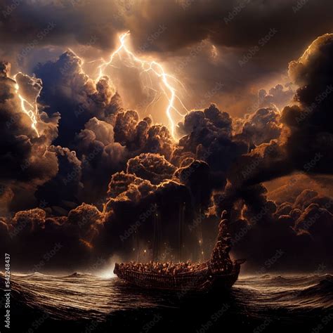 Noah S Ark On The Sea Storm Clouds Deluge Digital Art D Render Stock