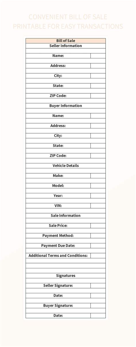 Convenient Bill Of Sale Printable For Easy Transactions Excel Template