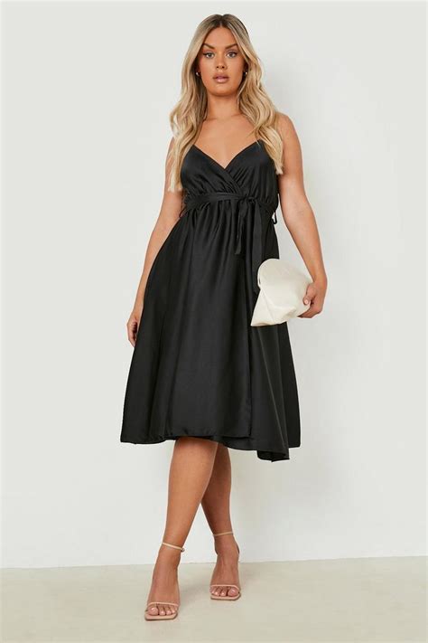 Plus Satin Wrap Self Belted Midi Dress Boohoo