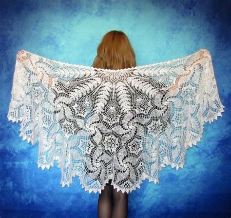 White Crochet Russian Shawl Hand Knit Orenburg Wool Wrap Inspire