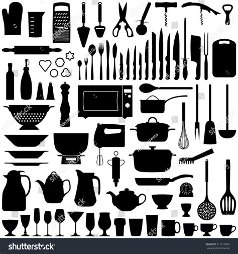 Kitchen Tool Collection Vector Silhouette Stock Vector Royalty Free 111618347 Shutterstock