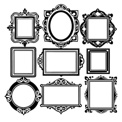 Nine Ornate Black And White Frames With Various Shapes And Sizes