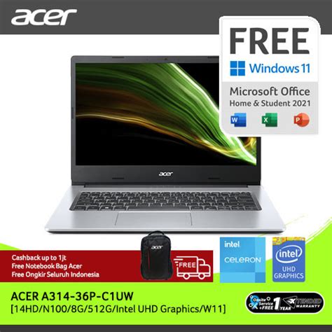 Promo ACER LAPTOP ASPIRE 3 A314 36P C1UW 14HD INTEL N100 RAM 8G 512G