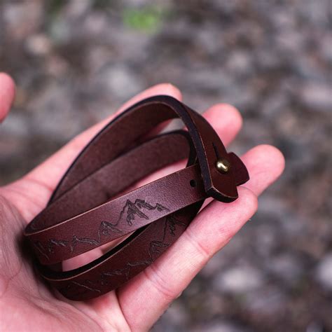 Engraved Leather Bracelet for Him Brown Mens Personalized Leather Bracelet With Mountain ...