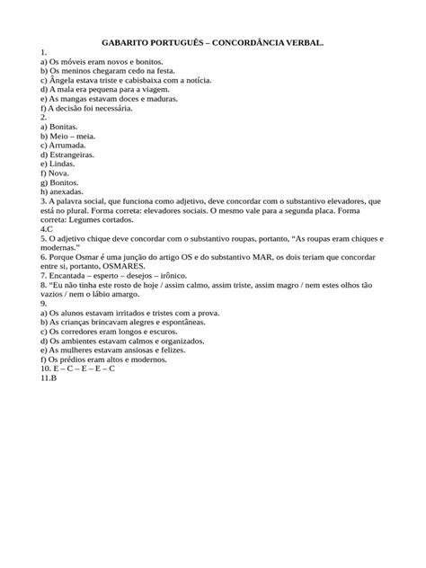 Gabarito de Concordância Nominal e Verbal | PDF