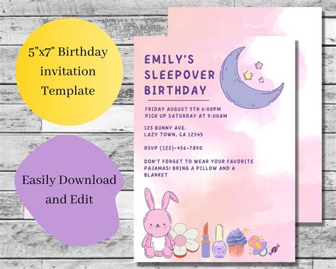 Sleepover Birthday Invitation Template 5x7 Card For Slumber Party Etsy