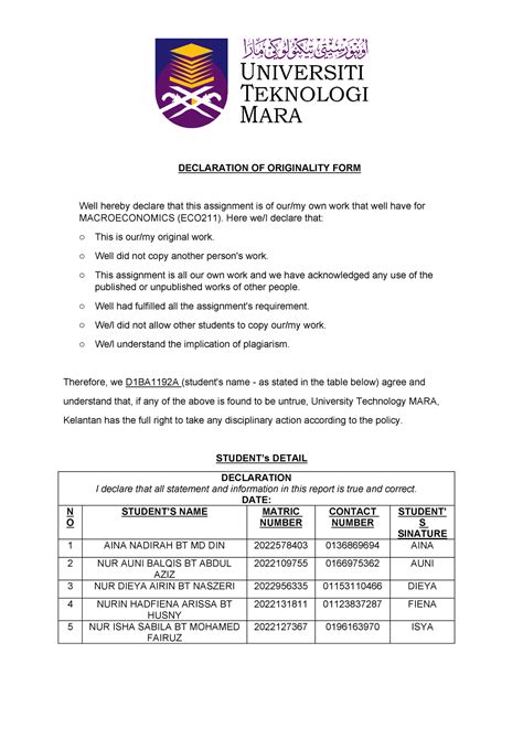 Group Assignment Eco162 DECLARATION OF ORIGINALITY FORM Well Hereby