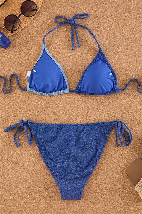 TRENDYOLMİLLA Mavi Üçgen Renk Bloklu Simli Regular Bikini Takımı TBESS25BT00019 Fiyatı