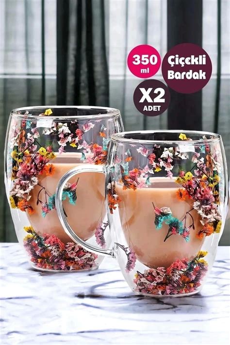 Mallame 2li Çift Cidarlı Flower Cup 350ml Çiçekli Bardak Kahve Çay