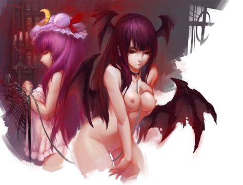 Breasts Chain Collar Demon Hat Koakuma Nipples Nude Patchouli Knowledge Purple Hair Pussy Rained