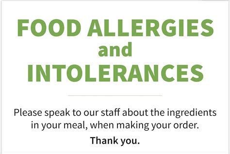 Allergen And Intolerances Sign For Restaurants Bars And Cafes Allergy