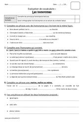 Evaluation Vocabulaire Homonymes Homophones CM2 Bilan Et Controle