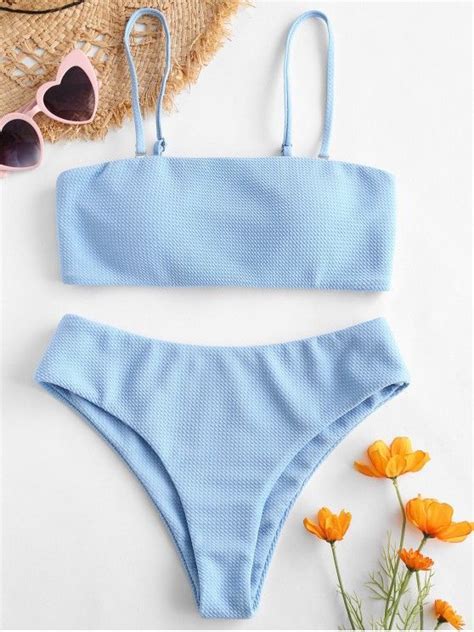 Textured Bandeau Bikini Set In Day Sky Blue Unique Textured Fabric