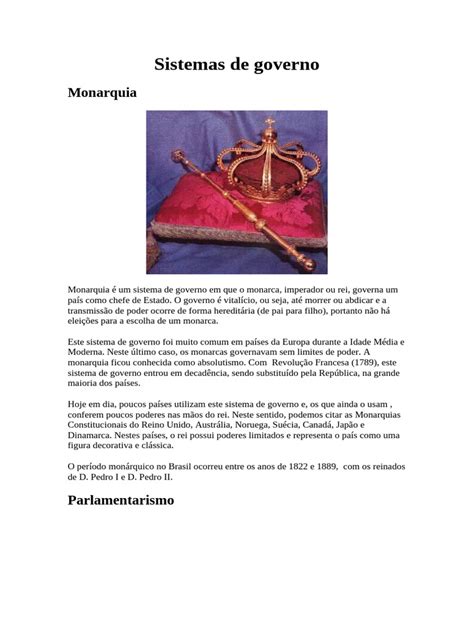 Formas de Governo: Monarquia e Parlamentarismo | PDF | Monarquia ...