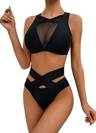 Amazon Verdusa Women S Contrast Mesh Crisscross High Waist Bikini Swimsuit Piece Bathing