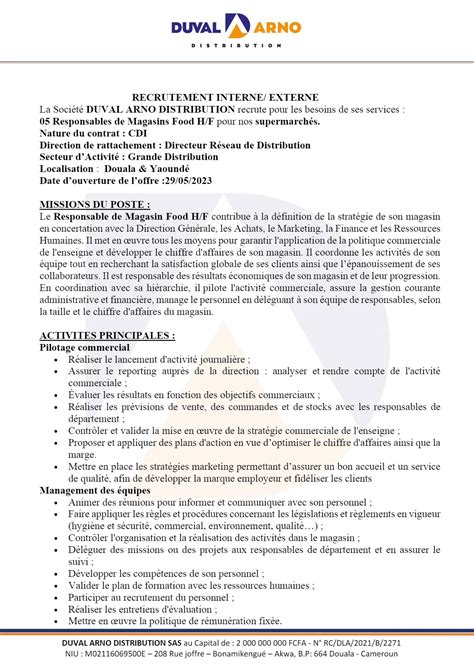 La Soci T Duval Arno Distribution Recrute Cinq Responsables De