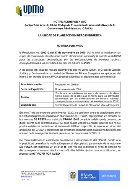 Completable En L Nea Upme Gov Notificacin Por Aviso Auto De