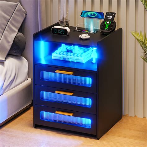 Hnebc Rgb Led Nightstand With Wireless Charging Station Modern Bedside