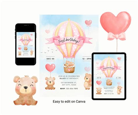 Editable Hot Air Balloon Birthday Invitation Pink Template Etsy