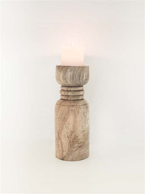 pillar candle holder wood   sustainable mango wood