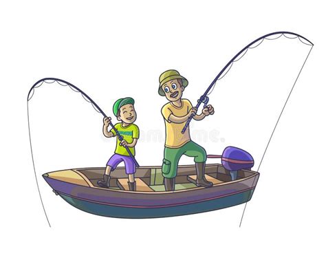 El Padre Con Su Hijo Está Pescando Con El Barco Ilustración del Vector