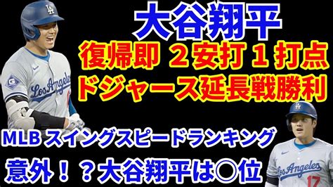 大谷翔平 復帰即2安打1打点の活躍‼️ ドジャース延長戦勝利🙌 Mlbスイングスピードランキング 意外⁉️ 大谷翔平は 位‼️ 山本由伸 3