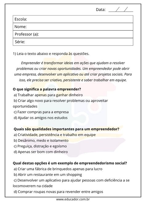 Atividade sobre empreendedorismo para imprimir - Educador