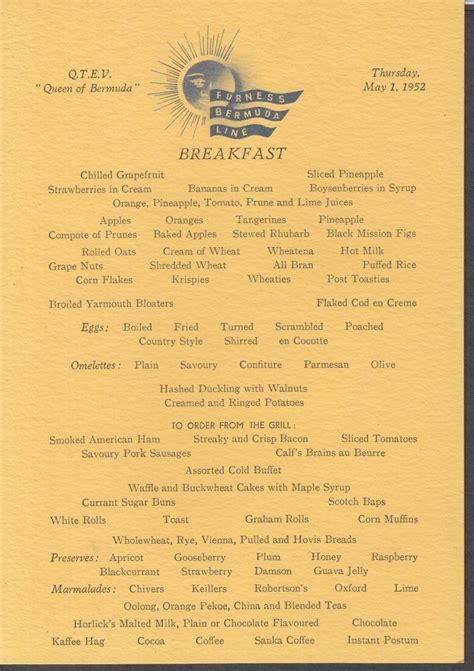 Furness Bermuda Line QTEV Queen of Bermuda Breakfast Menu 5/1 1952