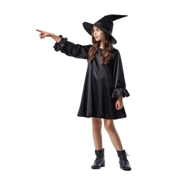 Girl With Witch Costume For Halloween Party And Pointing To The Lateral