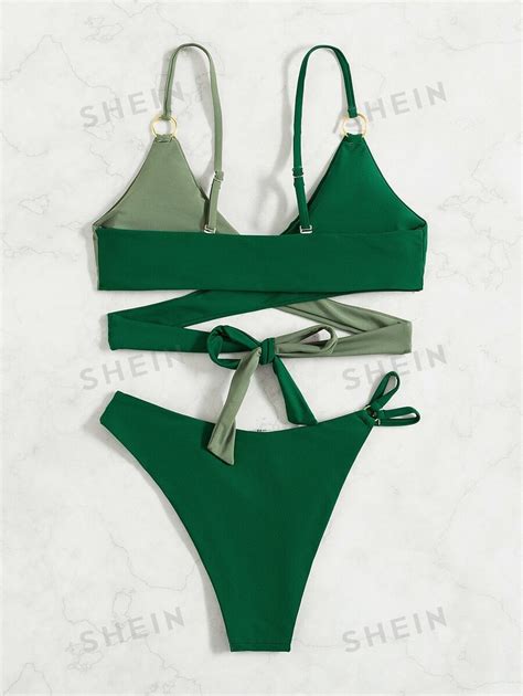 SHEIN Swim Vcay Color Block Bikini Set Criss Cross Wrap Bra Cheeky