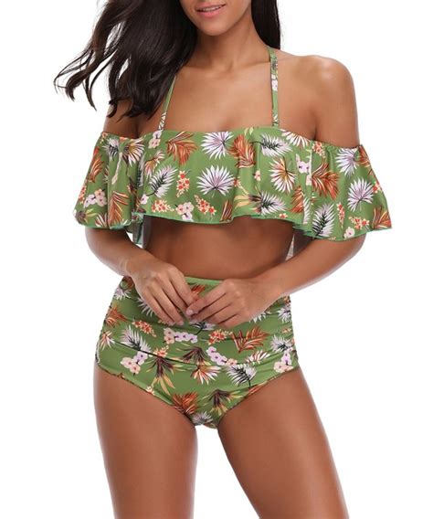 Swimsuits Shoulder Bikini Flounce Tankini Green Off Shoulder Bikini