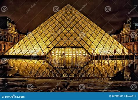 Louvre Pyramid At Night Paris France Original Digital Art Painting