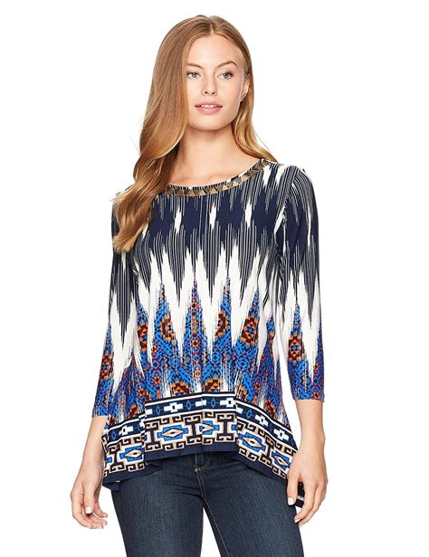 Women S Petite Size Printed Sleeve Knit Top With Sharkbite Hem