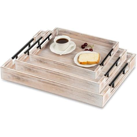 Plateau De Service En Bois Avec Poignes Lot De 3 Plateau Decoratif