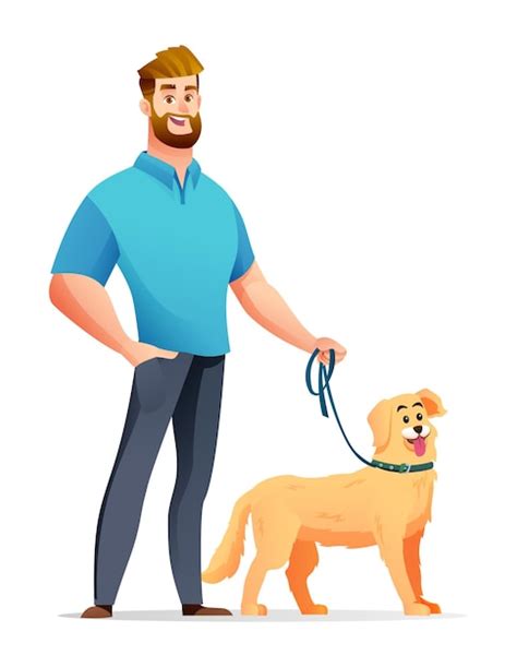 Homem alegre sua ilustração de desenho animado de cachorro Vetor