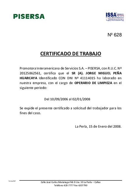 Certificado De Trabajo Ejemplo