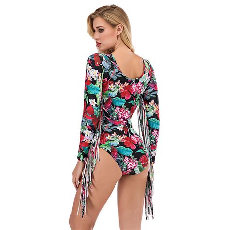 High Quality Customized Sexy Girl Hot Selling Long Sleeve One Piece Cut Out Tassels Swimwear