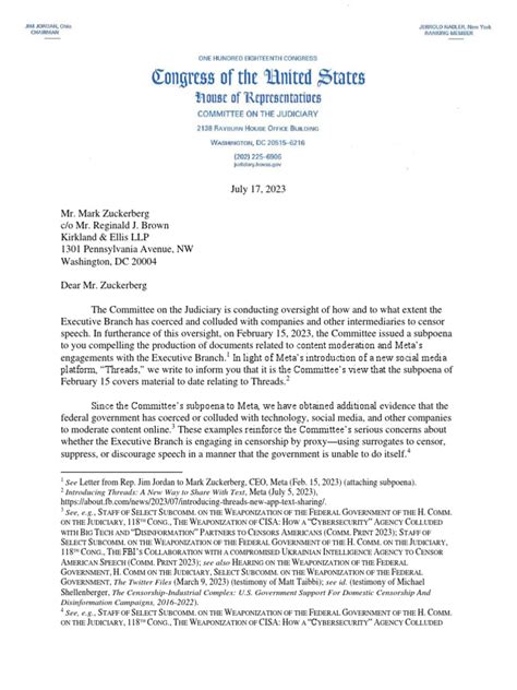 Read The Letter House Judiciary Chair Jim Jordan Sent Meta CEO Mark ...